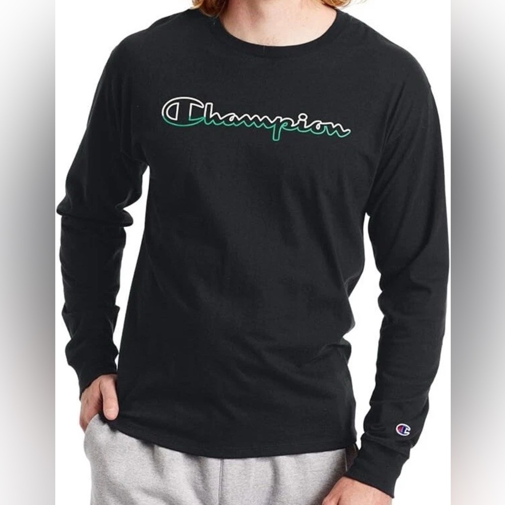 Champion Men’s Power Blend Fleece Crew, Script Logo, Sweatshirt, Black, NWT